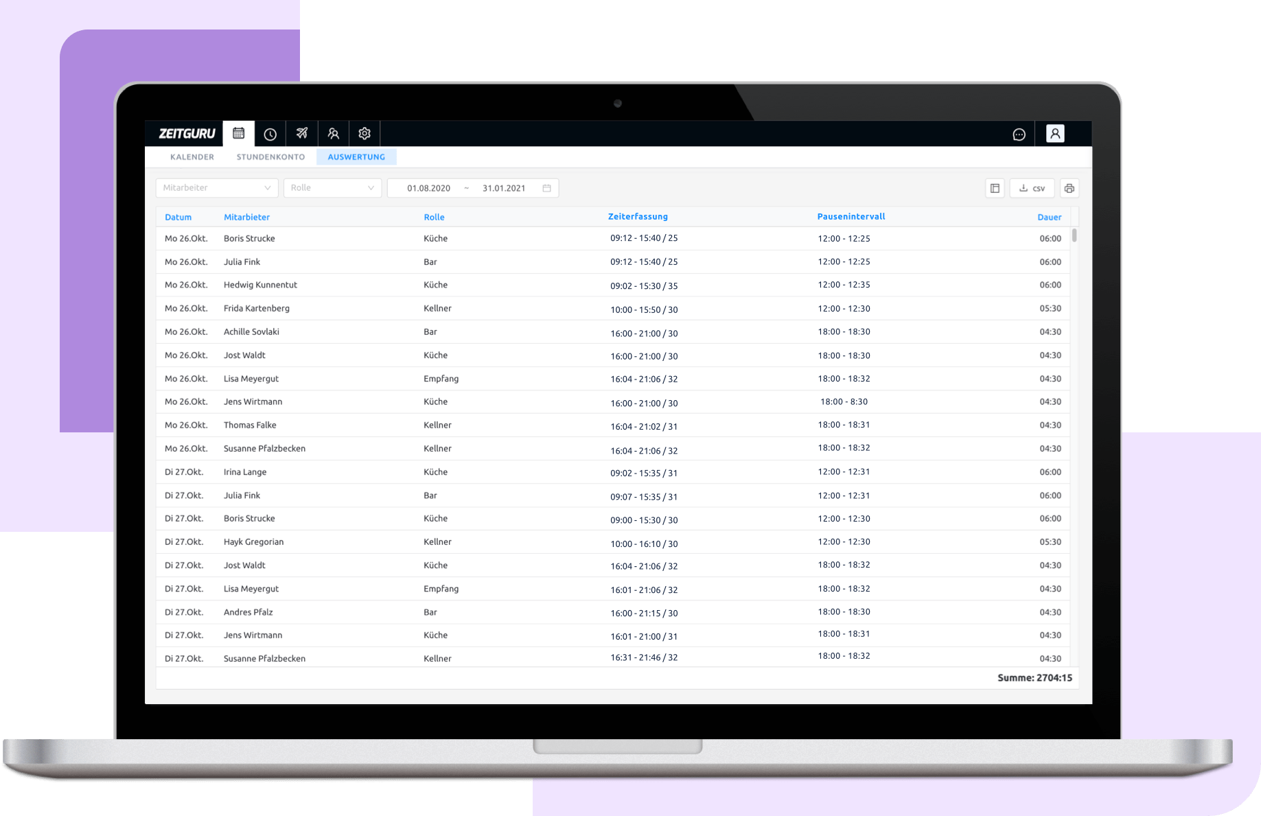 Auswertungen & Datenexporte Zeitguru